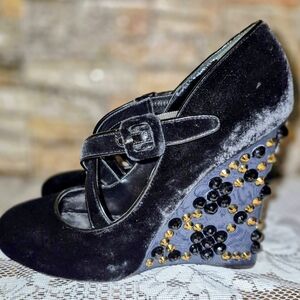 Louis Vuitton Black Velvet Wedges with Gold Accents